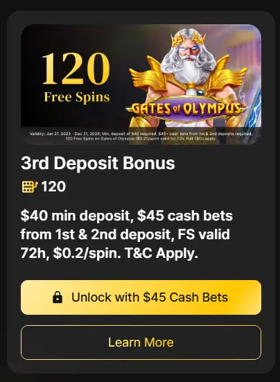 120 Free Spins from the 3rd Deposit Bonus