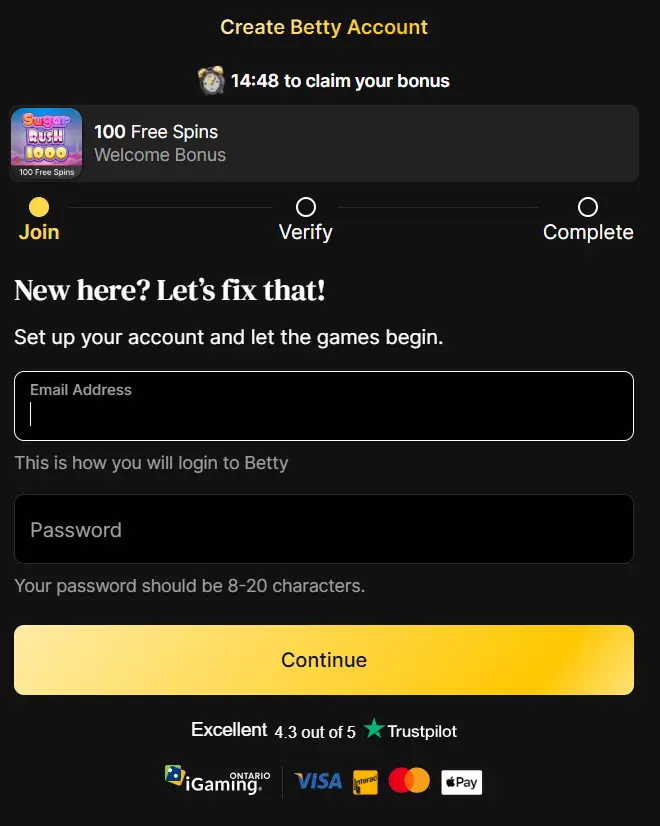Creating the Account for the Further Betty Casino Login